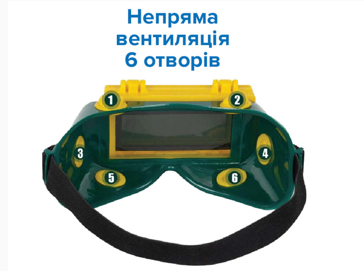 Окуляри зварювальні з автозатемненням, оправа: зелена гума, відкидна лінза, з непрямою вентиляцією 6 клапанів - Фото 2 Окуляри зварювальні з автозатемненням, оправа: зелена гума, відкидна лінза, з непрямою вентиляцією 6 клапанів - зображення 2
