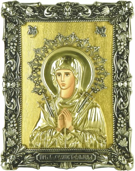 Лита ікона "Пресвята Богородиця Семистрільна" з сусальним золотом - Фото 1 Лита ікона "Пресвята Богородиця Семистрільна" з сусальним золотом - зображення 1