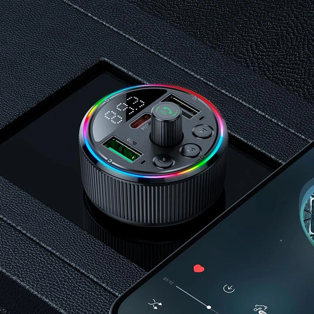 FM-трансмиттер Hoco E82 Guerrero 30W Black Bluetooth5.3/USB с RGB-подсветкой быстрая зарядка Type-C&USB (PD3.0+QC3.0) - изображение 2