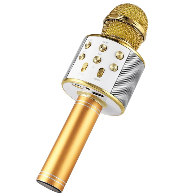 Беспроводной караоке-микрофон детский со встроенной колонкой Handheld KTV Bluetooth-Microphone Gold, золотистый (WS-858G) - Фото 6 Беспроводной караоке-микрофон детский со встроенной колонкой Handheld KTV Bluetooth-Microphone Gold, золотистый (WS-858G) - изображение 6