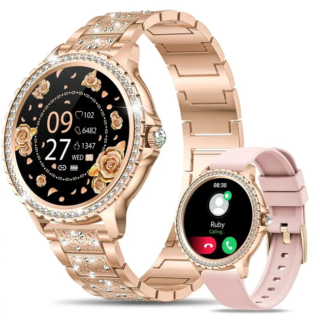 Розумний годинник smart watch для жінок, для айфона та андроїд, красивий жіночий смарт браслет для ios та android с золотистим і рожевим ремінцем - зображення 8