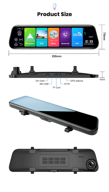Відеореєстратор зеркало 10" сенсор Full HD 4G SIM Android GPS Wi-Fi Bluetooth FM-трансмітер з камерою заднього огляду AMR-810 - зображення 3