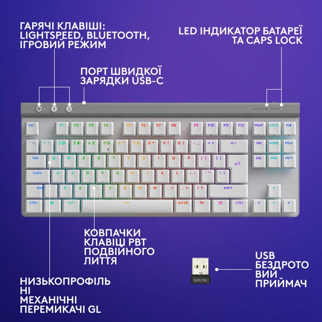 Клавіатура Logitech G515 TKL Lightspeed Tactile Bluetooth UA White (920-012539) - Фото 7 Клавіатура Logitech G515 TKL Lightspeed Tactile Bluetooth UA White (920-012539) - изображение 7