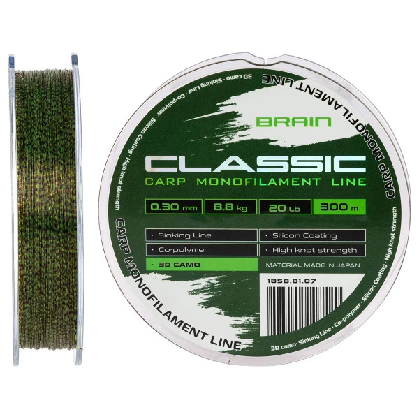 Волосінь Brain Classic Carp Line 3D (camo) 300m 0.30mm 20lb 8.8kg - Фото 1 Волосінь Brain Classic Carp Line 3D (camo) 300m 0.30mm 20lb 8.8kg - изображение 1
