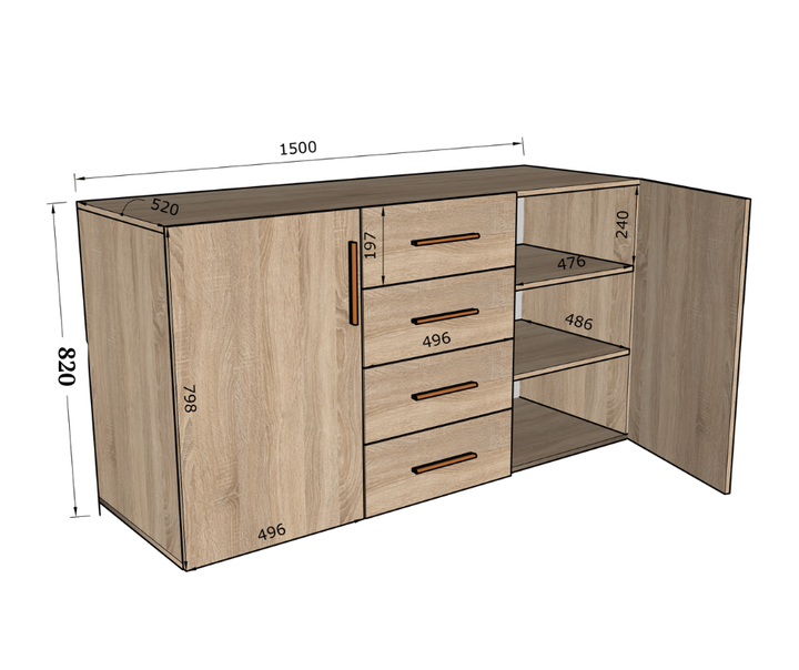 Комод із дверцятами Tobi Sho Keelin ST-0004 на 4 шухляди для вітальні, 1500х820х520 мм Білий - Фото 4 Комод із дверцятами Tobi Sho Keelin ST-0004 на 4 шухляди для вітальні, 1500х820х520 мм Білий - зображення 4
