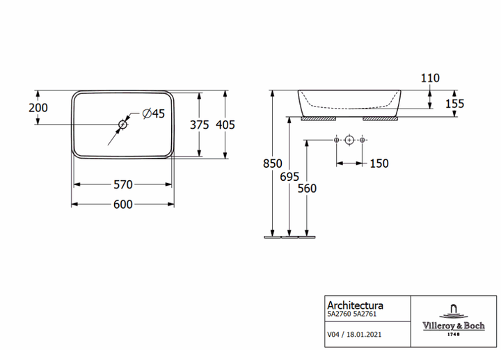 Умивальник на стільницю VILLEROY & BOCH ARCHITECTURA 5A276001, 60x40 см, білий глянсовий - Фото 3 Умивальник на стільницю VILLEROY & BOCH ARCHITECTURA 5A276001, 60x40 см, білий глянсовий - зображення 3