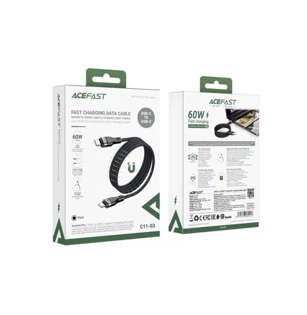 Кабель ACEFAST C11-03 Type-C to Type-C 3A 60W 1.2m nylon + PVC zinc connectors Black (6974316280217) - изображение 3