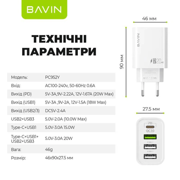 Сетевое зарядное устройство BAVIN PC952Y PD 20W Type-C 3xUSB-A (QC3.0) White - Фото 9 Сетевое зарядное устройство BAVIN PC952Y PD 20W Type-C 3xUSB-A (QC3.0) White - изображение 9