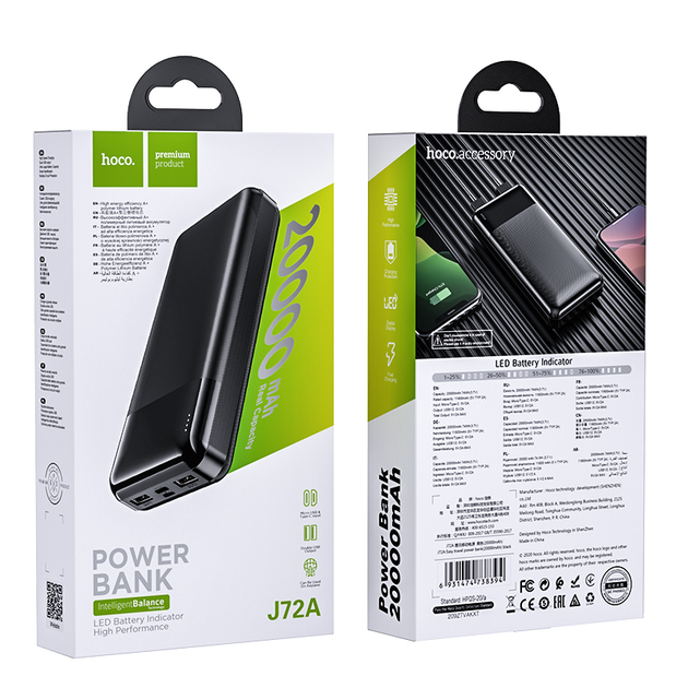 Павербанк PowerBank HOCO Easy travel J72A 20000mAh |2USB/Type-C/MicroUSB, 2A| Черный - изображение 2