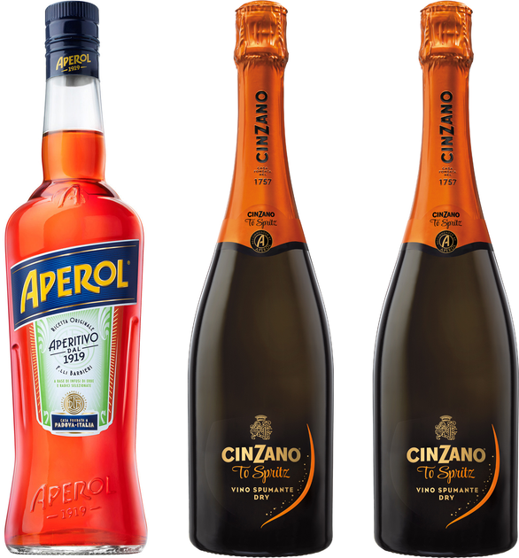 Аперитив Aperol Aperitivo 0.7 л 11% (8002230000302) + Вино игристое Cinzano To Spritz белое сухое 0.75 л 11.5% 2 шт (8000020107057) - изображение 1
