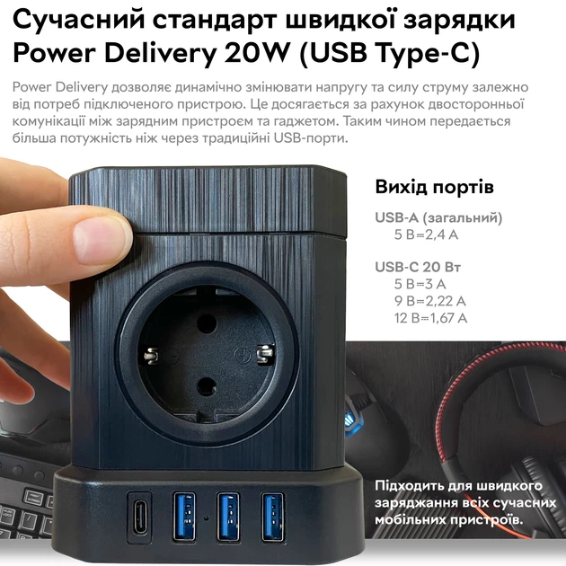 Универсальный сетевой удлинитель RZTK Power Hub Wireless 15W + 3 USB-A + USB-С (PD20W) Black 2 м - изображение 7