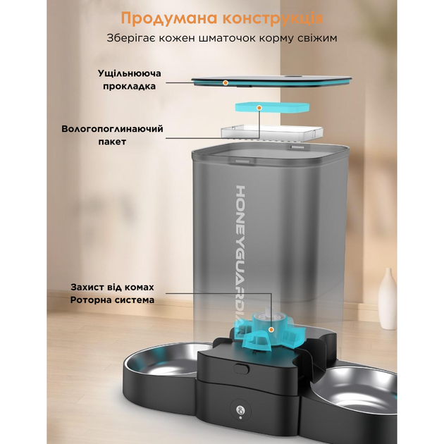 Автоматична годівниця для кішок і собак HONEYGUARIDAN S305D 5L WIFI на 2 миски, смарт годівниця для тварин, Чорний (196-BLACK) - зображення 3