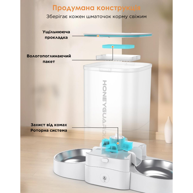 Автоматическая кормушка для кошек и собак HONEYGUARIDAN S305D 5L WIFI на 2 миски, смарт кормушка для животных, Белый (196-WHITE) - изображение 3