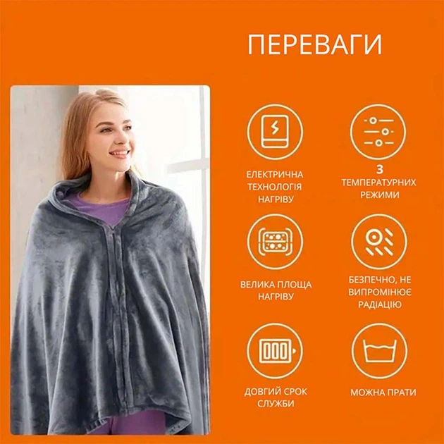 Електроковдра плед із підігрівом від павербанку (155*80) Electric Heating Shawl Blanket USB - Фото 2 Електроковдра плед із підігрівом від павербанку (155*80) Electric Heating Shawl Blanket USB - зображення 2