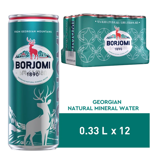 Упаковка мінеральної лікувально-столової сильногазованої води "Borjomi" 0,33 х 12 банок - Фото 1 Упаковка мінеральної лікувально-столової сильногазованої води "Borjomi" 0,33 х 12 банок - изображение 1
