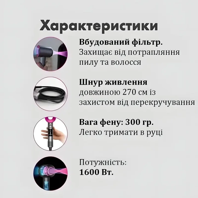 Фен для волосся Super Hair Dryer 1600 Вт з турбо режимом та іонізацією - изображение 6