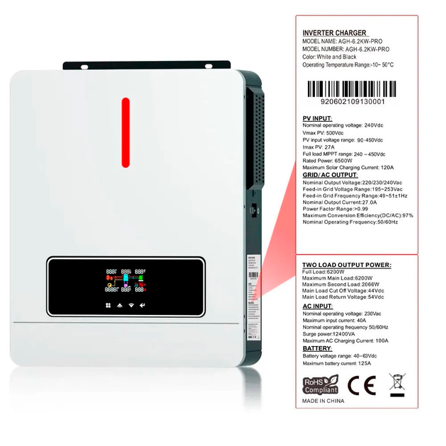 Гибридный инвертор 6.2 кВт Daxtromn AGH-6.2KW-PRO, 48 В, ток заряда 120 А, для АКБ LiFePO4, Li-ion, Lead-acid - изображение 5