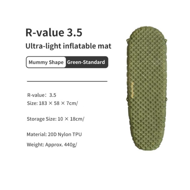 Матрац туристичний надувний одномісний Naturehike CNH22DZ018, 183х58х7 см, зелений, для туризму із мішком для надування - зображення 3