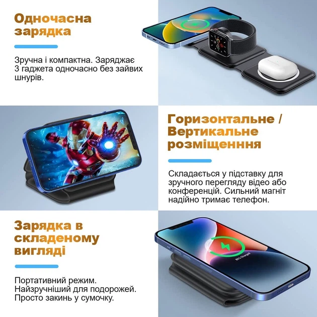 Беспроводная зарядка MagSafe 3 в 1 для телефона наушников часов Черная (CC-010) - изображение 3