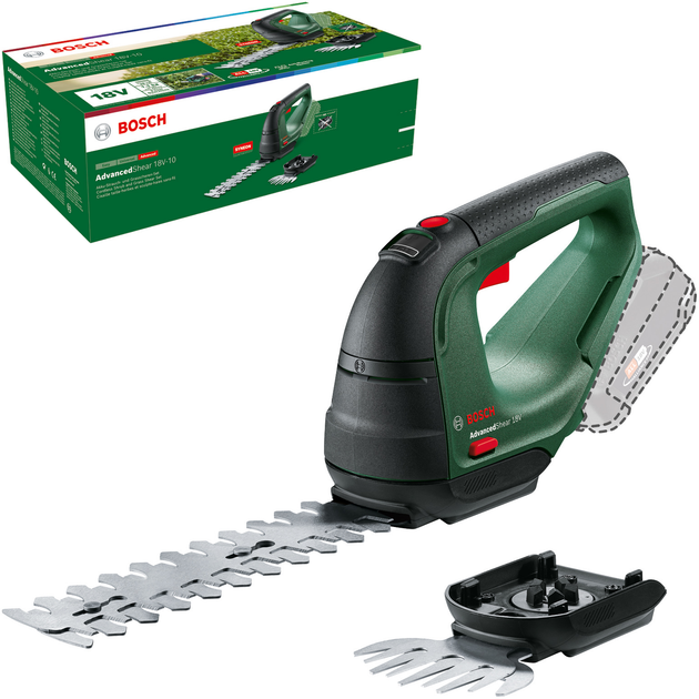 Аккумуляторные ножницы для травы Bosch AdvancedShear 18V-10 + Лезвие для травы 100 мм + Лезвие для кустов 200 мм (0600857001) 