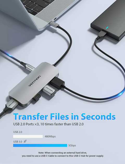 USB-хаб Vention USB-C to HDMI/USB 3.0x3/SD/TF/PD Docking Station Gray 0.15M Aluminum Alloy Type (TOJHB) - изображение 4