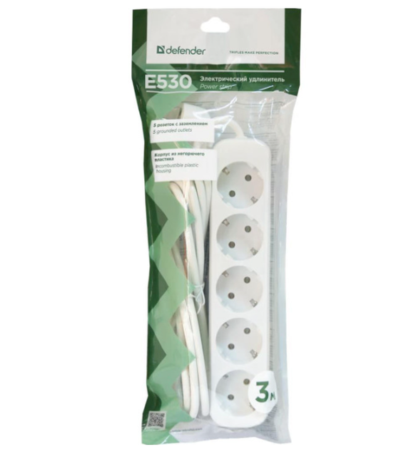 Сетевой фильтр удлинитель Power filtr Defender E530 3м с заземлением 5 розеток White (992300) - изображение 4