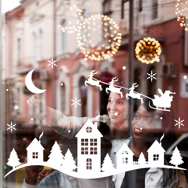 Новогодние наклейки на окна Заснеженные домики с дымарями Санта Олени Happy Pocket Набор L глянцевая Белый (HP-119L-010GL) - изображение 3