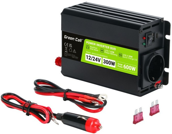 Інвертор Greencell 12 В/24 В - 230 В 300 Вт/600 Вт Модифікована синусоїда (INVGC1224M300DUO) - зображення 5