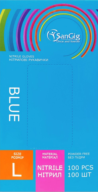Рукавички оглядові Sangig нітрилові нестерильні Розмір L 100 шт Блакитні (001699) - зображення 1