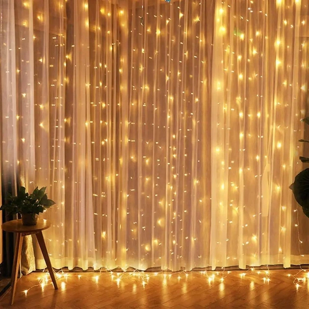 Світлодіодна гірлянда-завіса прозорий дріт 240 LED Magic Lights ліхтарики 2 х 2 м 8 режимів теплий білий - Фото 1 Світлодіодна гірлянда-завіса прозорий дріт 240 LED Magic Lights ліхтарики 2 х 2 м 8 режимів теплий білий - изображение 1