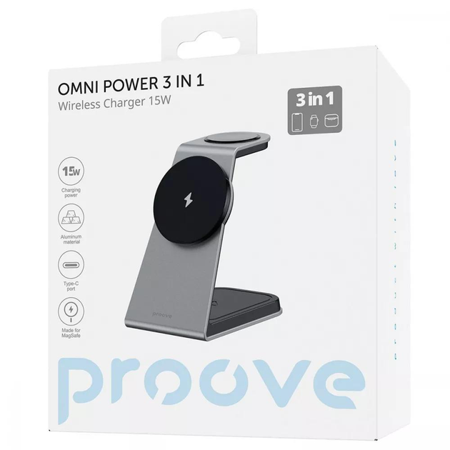 Бездротовий зарядний пристрій Proove Omni Power 3 in 1 / 15W / QI / для телефону, годинників та навушників / (Чорний) - зображення 3
