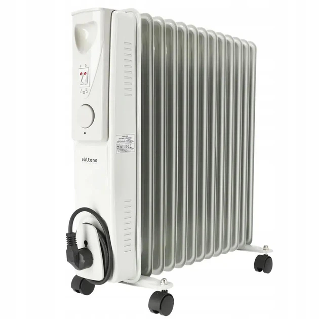Масляний Радіатор Обігрівач 2500 Вт 13 Секцій до 30 кв.м Volteno VO2820 2500W з Термостатом на Колесах Білий - зображення 8