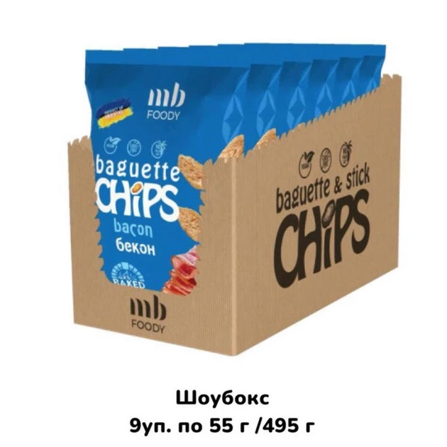 Упаковка сухариків зі смаком бекону MB FOODY Baget CHIPS Stick 55 г х 9 шт натуральні пшеничні багети (00-00000921) - Фото 1 Упаковка сухариків зі смаком бекону MB FOODY Baget CHIPS Stick 55 г х 9 шт натуральні пшеничні багети (00-00000921) - зображення 1