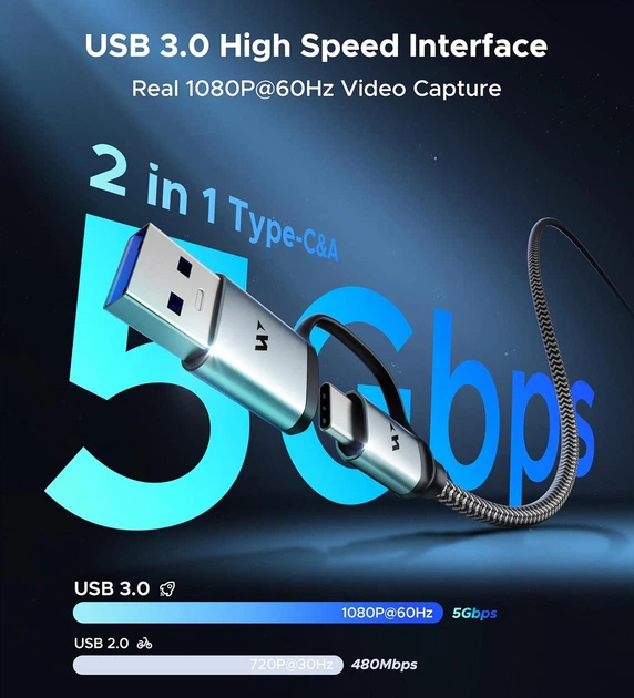 Карта відеозахоплення Warrky Video Capture Card, 4K HDMI для USB A/Type-C 1080P 60FPS - зображення 3
