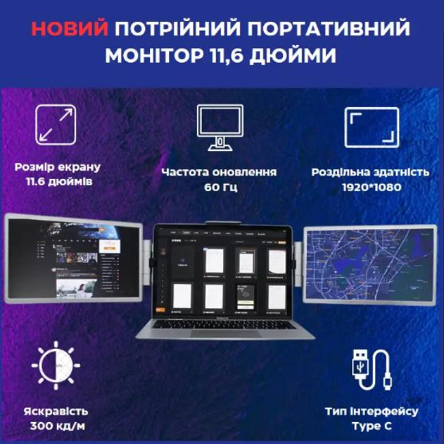 Портативный 13,3-дюймовый монитор INTSPOT с двойным дисплеем, три экрана, подключение через USB-C тройной дисплей - изображение 2