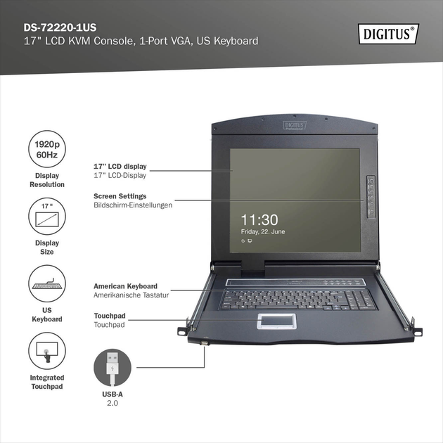 KVM-консоль Digitus 1U 17" TFT 1x VGA (DS-72220-1US) - зображення 8