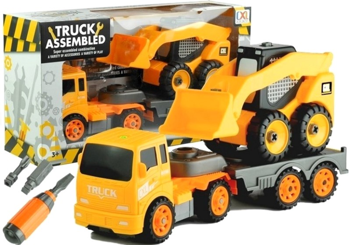 Zestaw maszyn budowlanych do skręcania Leantoys Truck Assembled 3579 Koparka + Transporter z przyczepą i akcesoriami Żółty (5902808156796) - obraz 1