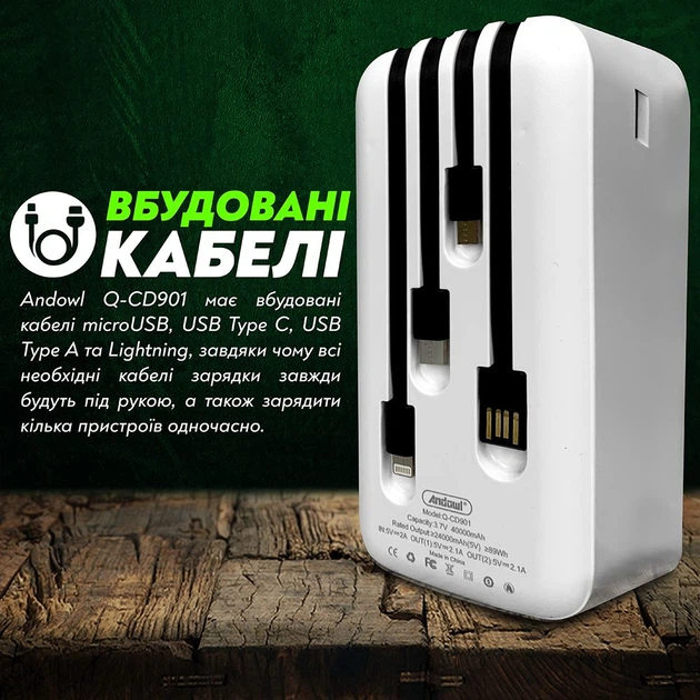 Повербанк умб 40000 mah с быстрой зарядкой и встроенными кабелями micro usb type c lightning Andowl Q-CD901X1 павербанк для телефона роутера устройств powerbank внешний портативный аккумулятор повербанки большой емкости белый - Фото 3 Повербанк умб 40000 mah с быстрой зарядкой и встроенными кабелями micro usb type c lightning Andowl Q-CD901X1 павербанк для телефона роутера устройств powerbank внешний портативный аккумулятор повербанки большой емкости белый - изображение 3