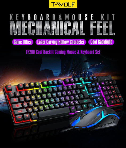 Игровой комплект, клавиатура игровая + игровая мишь T-Wolf TF200 2 в 1 проводной с RGB подсветкой - изображение 3