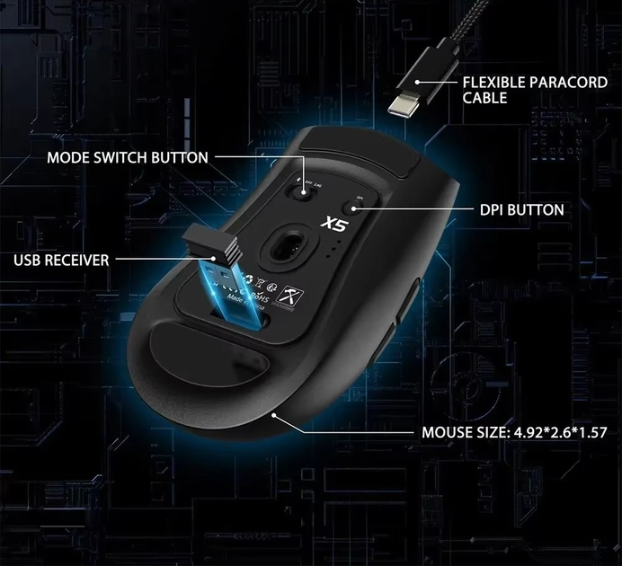 Мышь беспроводная Attack Shark X5 с аккумулятором и подсветкой 2,4G+Bluetooth Black - изображение 5
