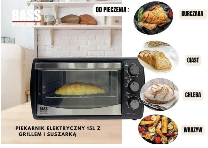 Электрическая печь, настольная духовка с грилем и сушкой 15 л 1600W Bass Polska BH 10373 - изображение 6