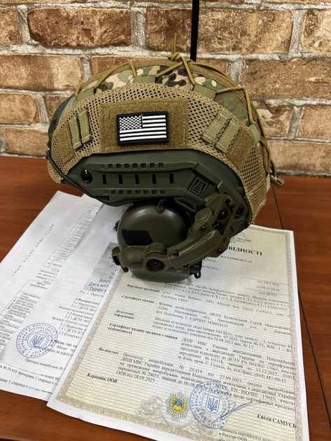 Шлем FAST USA NIJ IIIA L Мультикам Олива, EARMOR M31 Активные шумоподавляющие стрелковые наушники, крепления, кавер - изображение 4