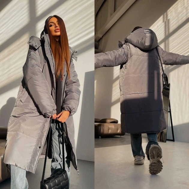 Зимняя куртка пуховик женская длинная с капюшоном Оверсайз графит