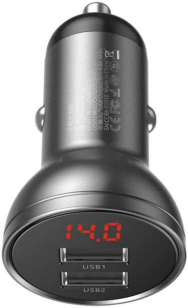 Автомобільний зарядний пристрій Baseus Digital Display Dual USB 4.8 A Car Charger 24 W Grey - изображение 3
