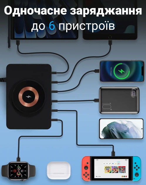 Многопортовая зарядная станция с беспроводной зарядкой Digital Lion MCS-818-H | мультизарядное устройство на 5 USB-A+1 Type-C порт, PD, QC, 100W - Фото 5 Многопортовая зарядная станция с беспроводной зарядкой Digital Lion MCS-818-H | мультизарядное устройство на 5 USB-A+1 Type-C порт, PD, QC, 100W - изображение 5