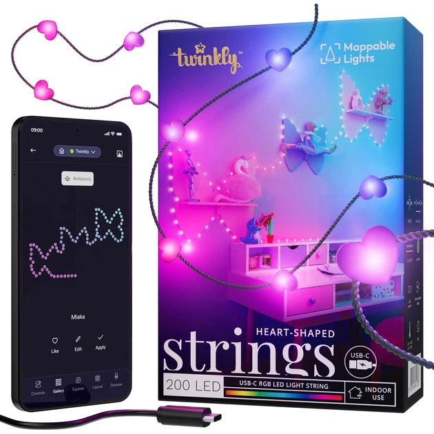 Світлодіодна Smart LED гірлянда Twinkly Candies Heart RGB 200 IP20 12 м USB-C кабель Зелений (TWKH200RGB-G) - зображення 2