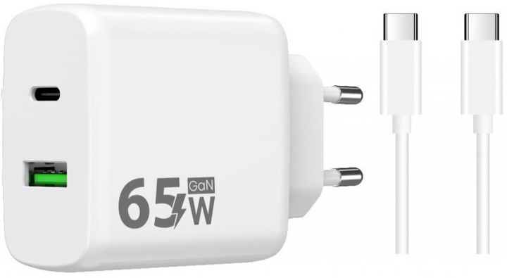 Ładowarka sieciowa Winner Group USB-C + USB-A PPS QC PD 65 W z kablem USB Type-C White (8591194120701) - obraz 1