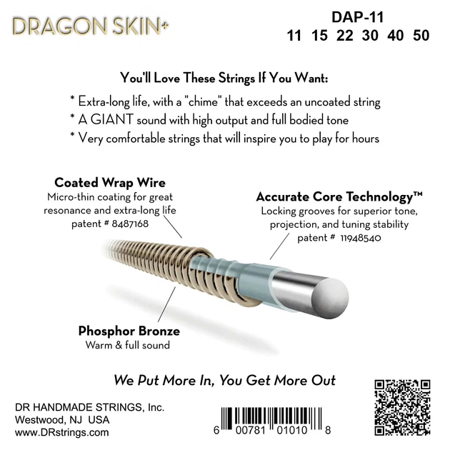 Струны для акустической гитары DR Strings Dragon Skin+ Acoustic Phosphor Bronze - Custom Light (11-50) - изображение 4