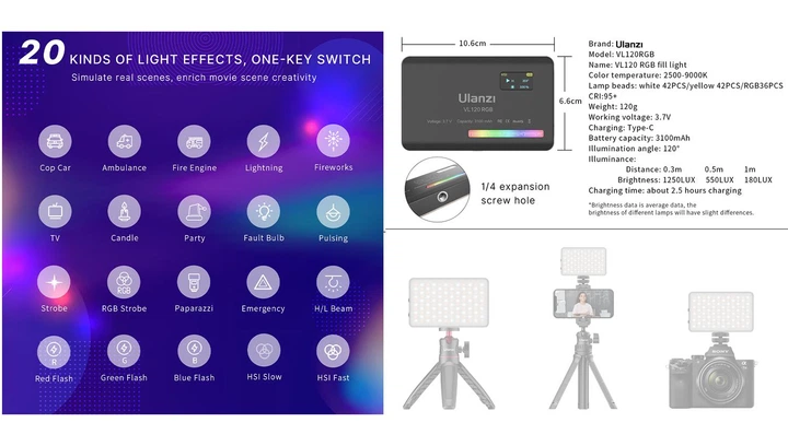 Накамерный свет светодиодная панель ULANZI VL120 RGB Black с регулятором яркости и 20 светоэффектами (2500-9000K, 3100мАч) - Фото 11 Накамерный свет светодиодная панель ULANZI VL120 RGB Black с регулятором яркости и 20 светоэффектами (2500-9000K, 3100мАч) - изображение 11