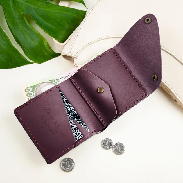 Компактный женский кошелек с гравировкой на заказ, Wine, Malina Leather - изображение 2